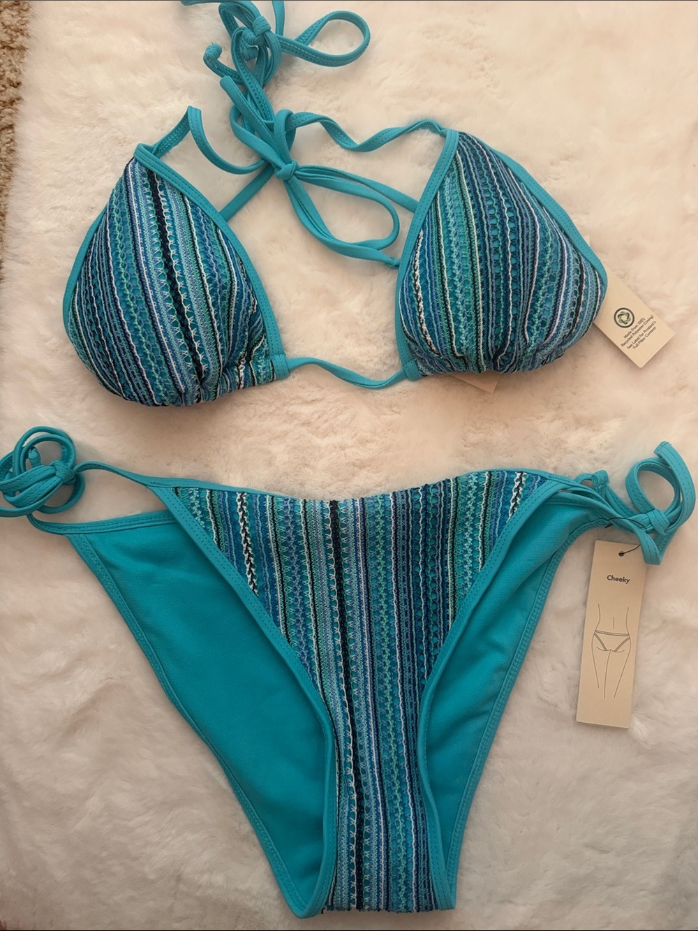 Turquoise Striped Triangle Bikini Set - Women Swim (NWT with hygienic liner)